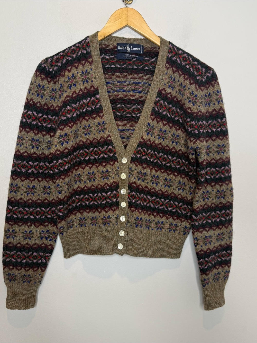 Ralph Lauren Vintage 80s Fair Isle Wool V-Neck Cardigan Pattern Sweater No Size - Picture 2 of 9